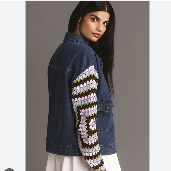 NWT By Anthropologie Crochet-Sleeve Denim Jacket SIZE M - Picture 1 of 6